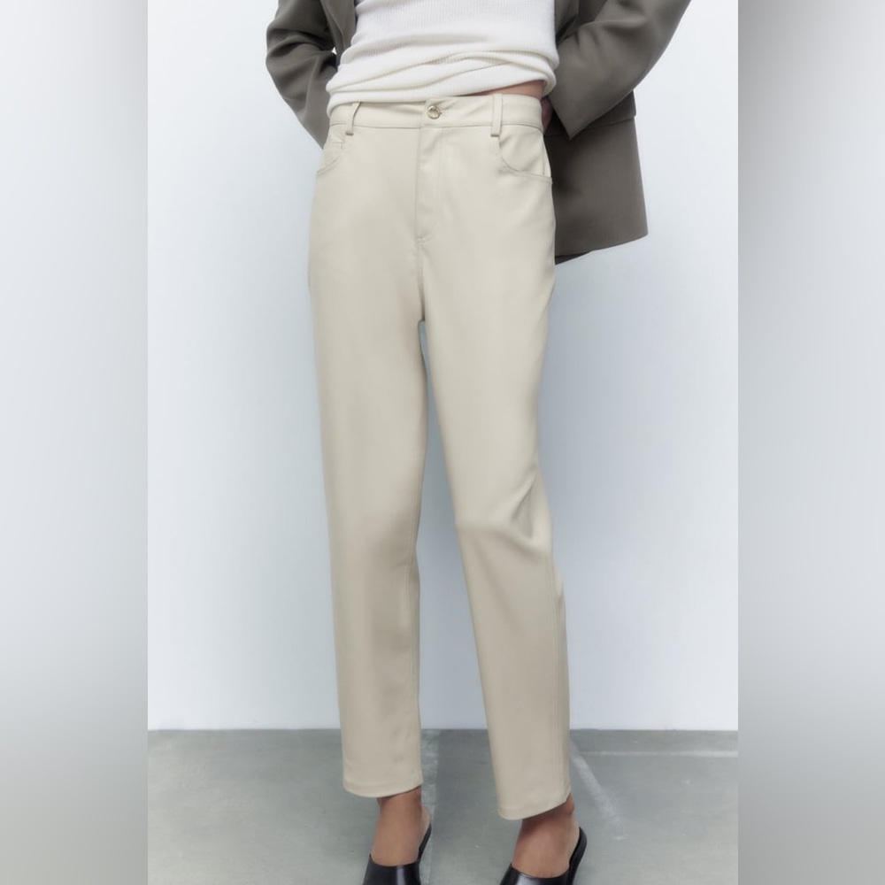 Zara Ecru Faux Leather High Rise Mom Fit Pants - Picture 7 of 13